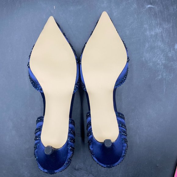 XYD Navy Pointed Toe D'Orsay Kitten Low Heels Rhinestone Shoes - Picture 7 of 8